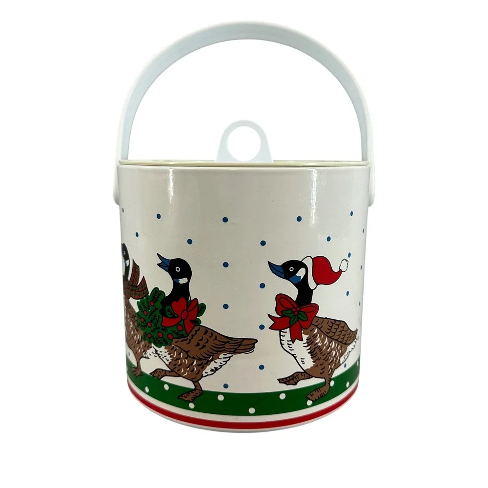 Vintage Holiday Goose Ice Bucket Set with Plastic Glasses Christmas Taiwan 1980s